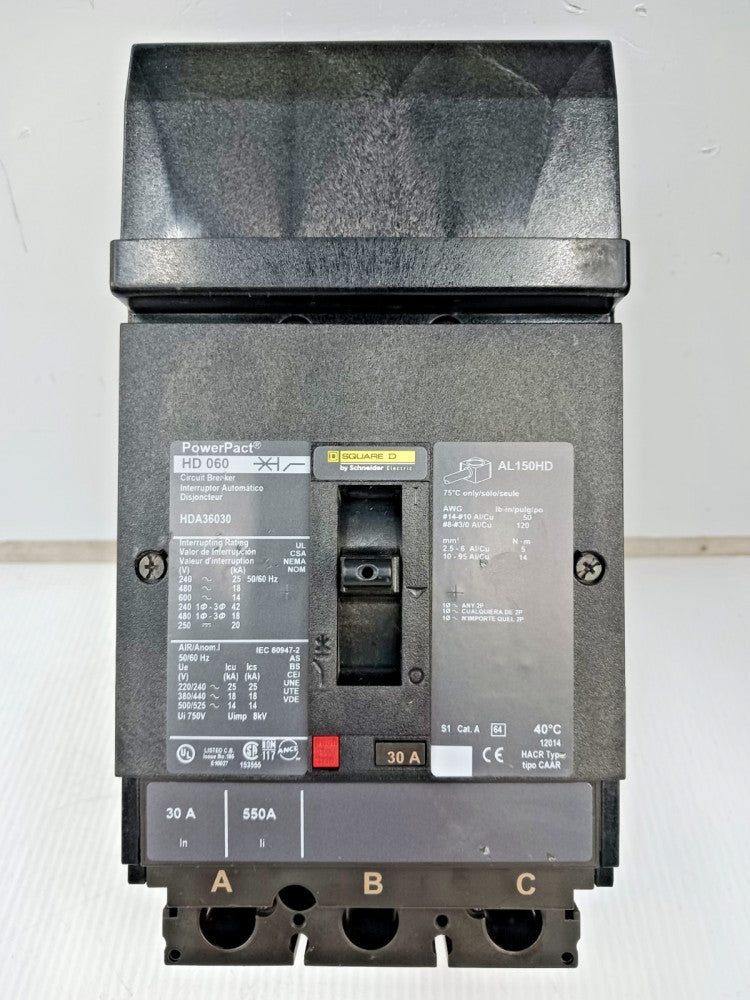 Square D PowerPact 30 Amp I-Line Circuit Breaker 3 Pole 600 VAC 18kA HDA36030