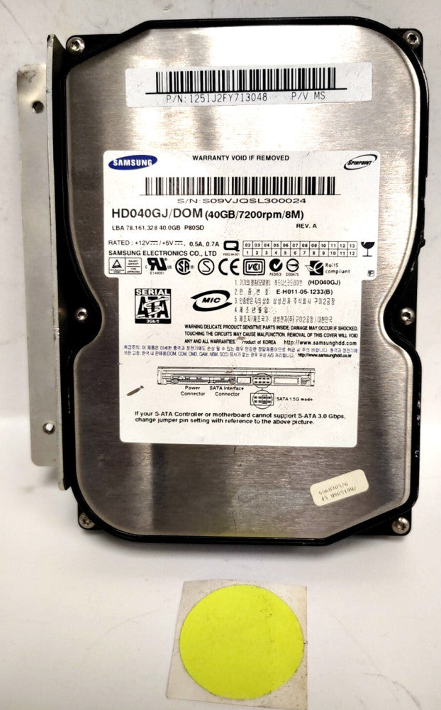 SAMSUNG SPINPOINT HARD DISK DRIVE 12V 0.5A 40GB 7200RPM HD040GJ/DOM