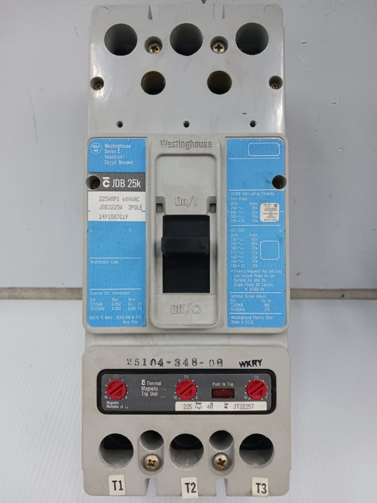 Westinghouse 225 Amp Circuit Breaker 3 Pole 600 VAC / 250 VDC 25kA JDB3225W