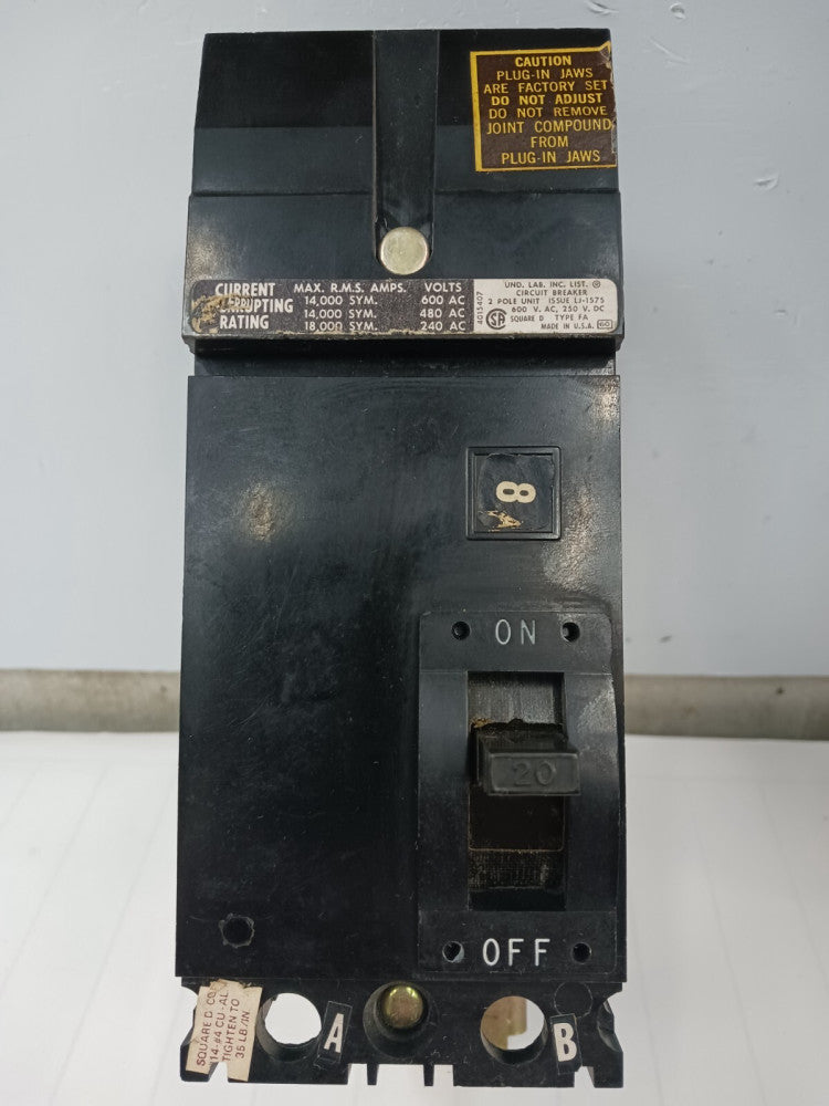 SQUARE D 20 AMP CIRCUIT BREAKER 2 POLE 600 VAC FA-26020AB