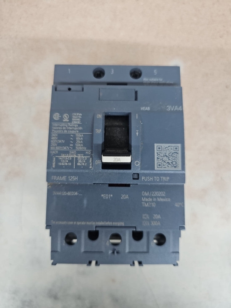 1) New Take Out Siemens 3VA4120-6ED34-0AA0 20A 600V 3P Bolt On Circuit Breaker