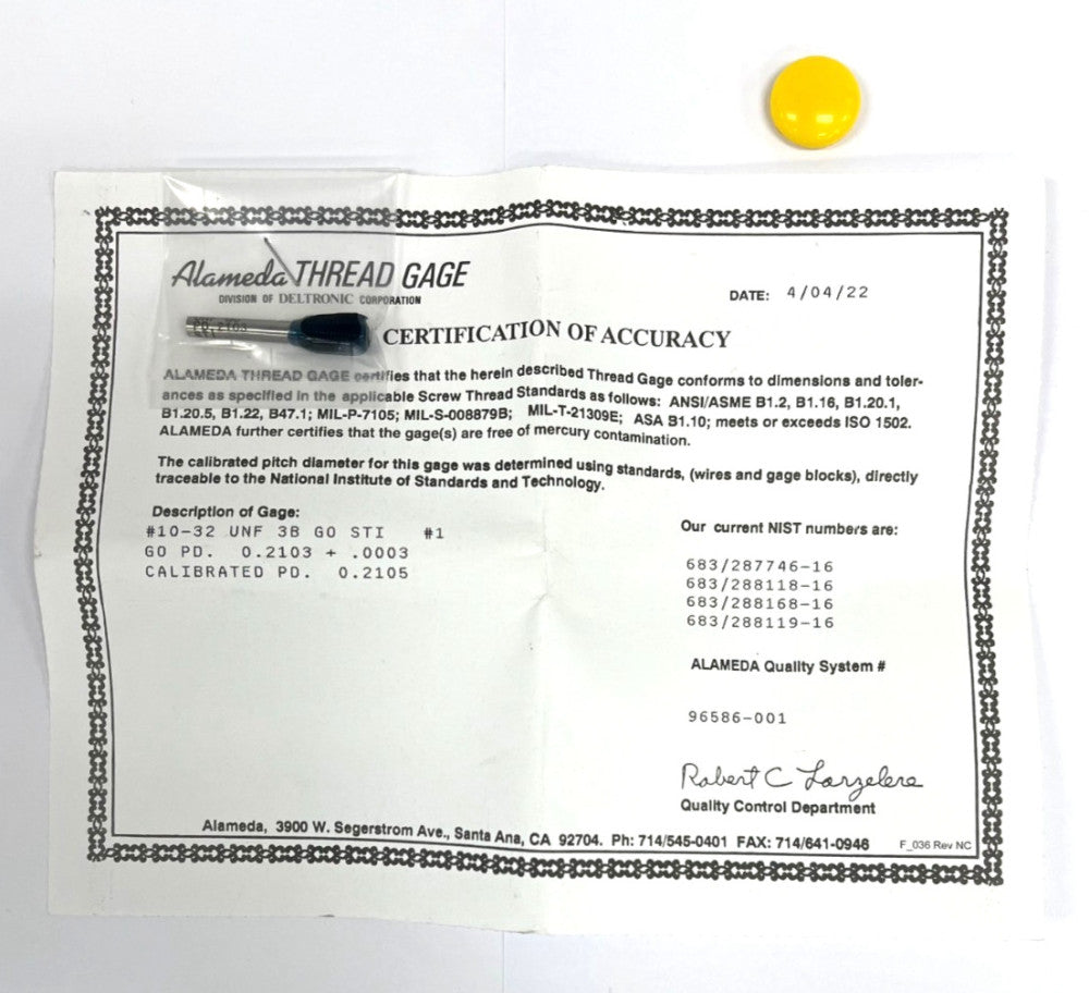 ALAMEDA THREAD GAGE #10-32 UNF PLUG 3B W/CERTIFICATION OF ACCURACY