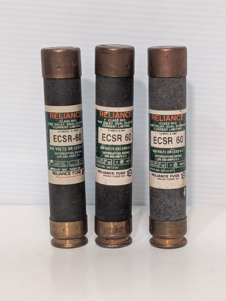 Lot of 3 Reliance ECSR 60 Class RK5 Time Delay Dual Element Fuses, 600V as shown