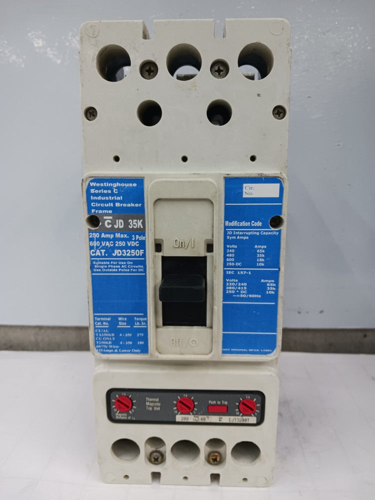 WESTINGHOUSE 250 AMP CIRCUIT BREAKER 3 POLE 600 VAC JD3250F W/ 200 A TRIP (FLAW)
