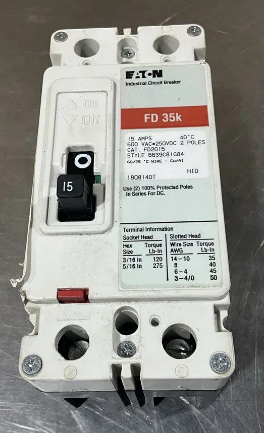 EATON FD2015-NNB INDUSTRIAL CIRCUIT BREAKER 15AMP 2POLE 600VAC NOS SURPLUS