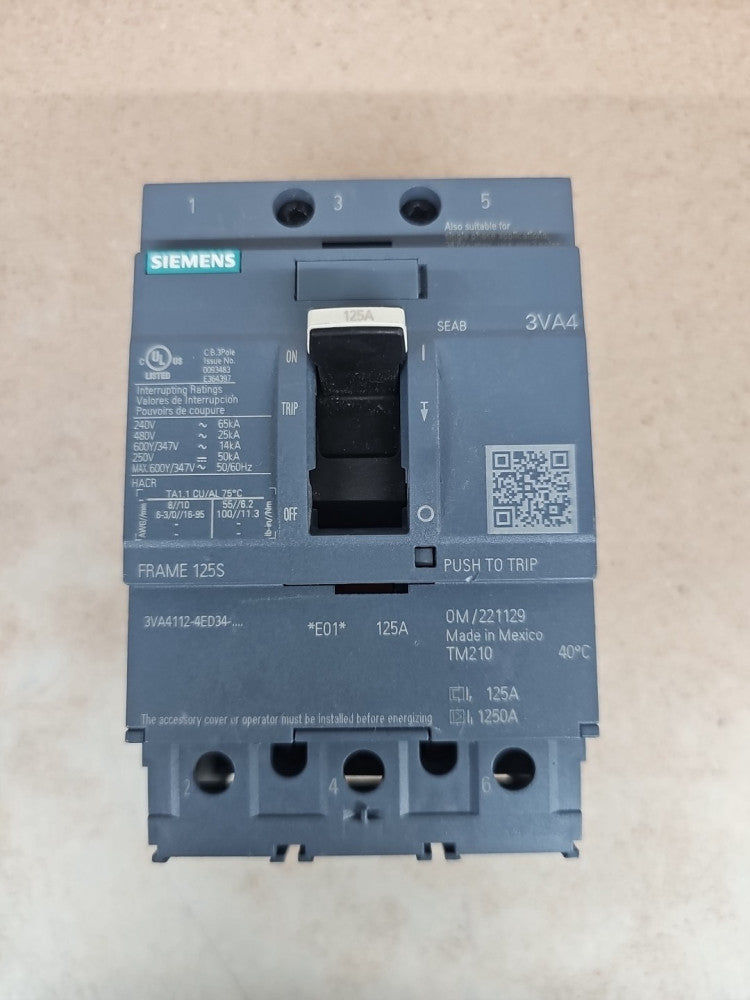1) New Take Out SIEMENS 3VA4112-4ED34-0AA0 125A 480V 480V 3P CIRCUIT BREAKER