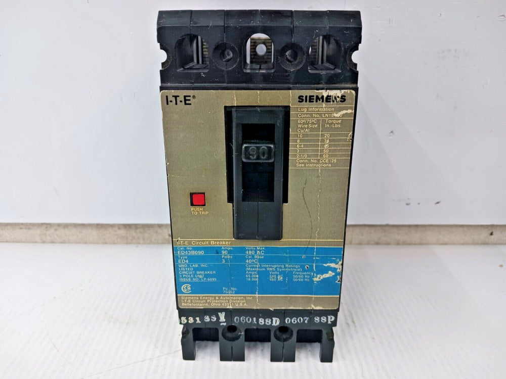 SIEMENS ITE 90 AMP CIRCUIT BREAKER 3 POLE 480 VAC ED43B090 **MISSING LUGS**