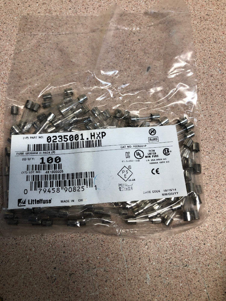 LOT OF 5 PCS Littelfuse-0235001.HXP-Fuse, Cartridge, 1A, 250VAC 5X20Mm, Fast Act