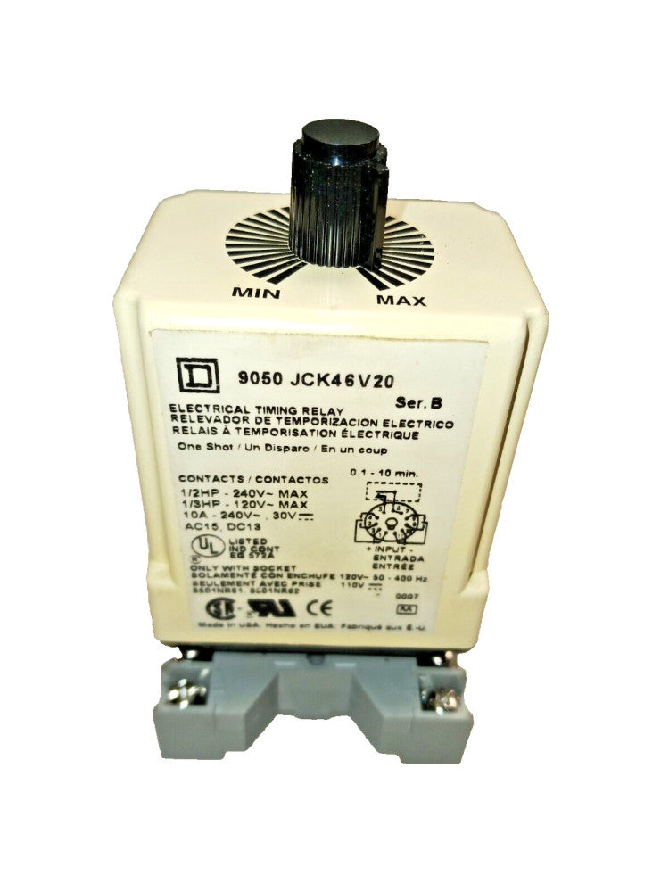 SQUARE D TIMING RELAY 0.1-10 MIN WITH BASE 9050 JCK46V20