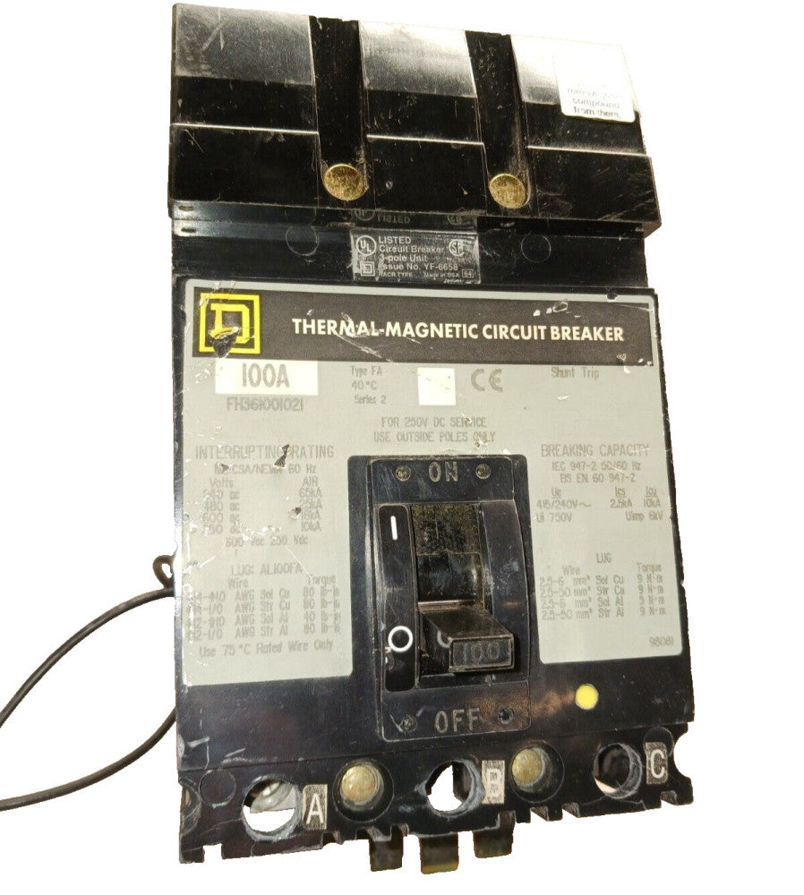SQUARE D 100 AMP I-LINE SHUNT TRIP CIRCUIT BREAKER 3 POLE 600 VAC FH361001021