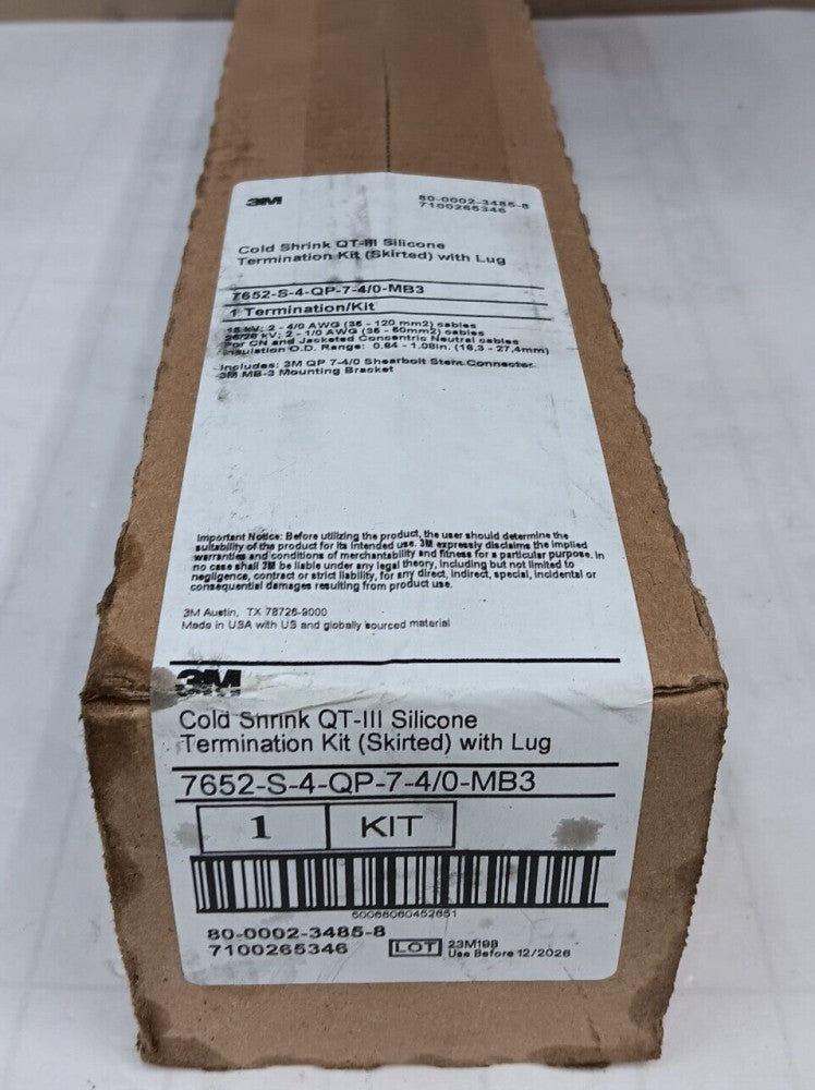 NEW 3M 7652-S-4-QP-7-4/0-MB3 COLD SHRINK QT-III SILICONE TERMINATION KIT W/ LUG