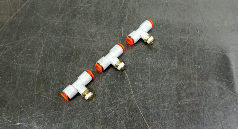 SMC 1/8" NPT X 1/4" Push to Connect Tee Fitting Lot of (3) Three