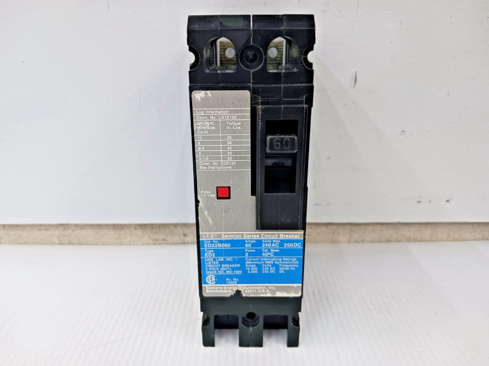 ITE Sentron 60 Amp Circuit Breaker 2 Pole 240 VAC / 250 VDC 10kA ED22B060