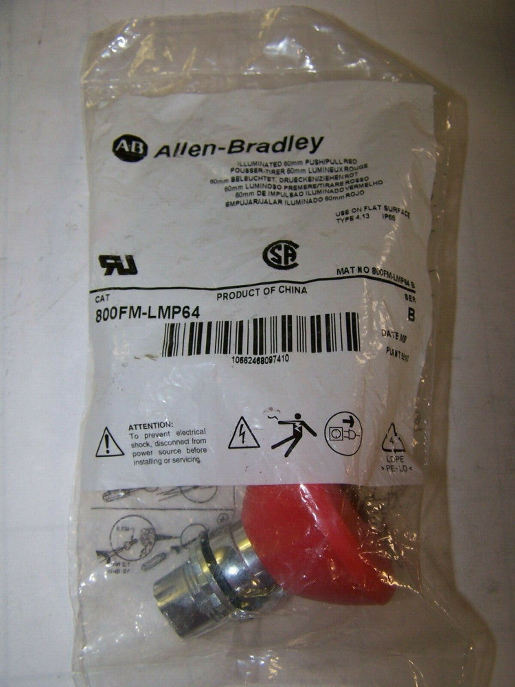 NEW ALLEN BRADLEY RED ILLUMINATED 60mm PUSH/PULL BUTTON 800FM-LMP64
