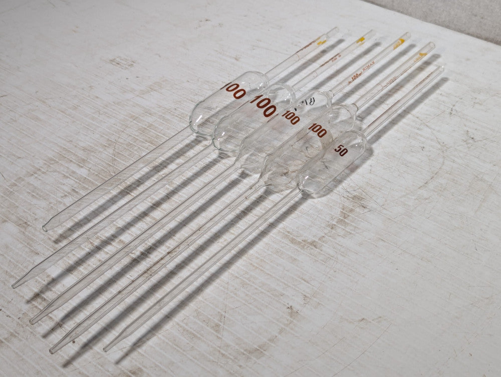 Lot of 5 Volumetric Bulb Pipettes, 100mL (Qty 4), 50mL (Qty 1)