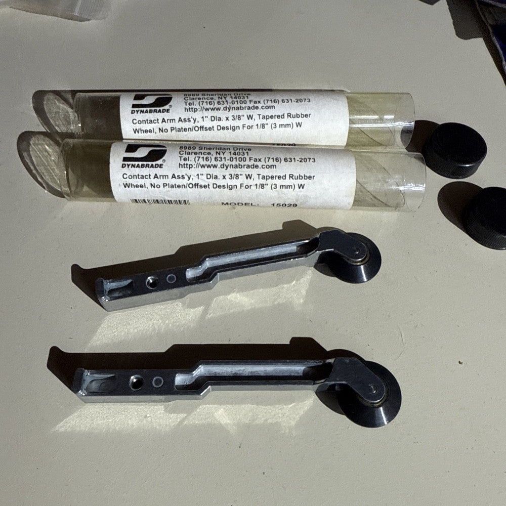 Lot 2 Dynabrade Contact Arm Assymbly 1” Dia X 3/8 W Tapered Rubber Wheel 15029