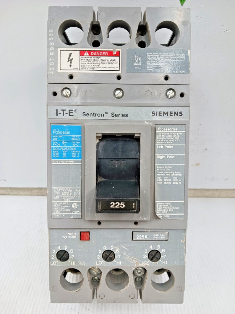 Siemens ITE Sentron 225 Amp Circuit Breaker 3 Pole 600 VAC 35kA FXD63B225