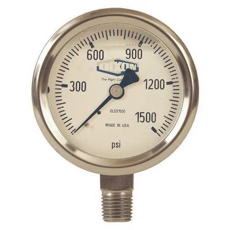 DIXON GLSS10000 SS Liquid Fill Gauge LowerMnt,0-10000psi, 1/4 in NPT Lower