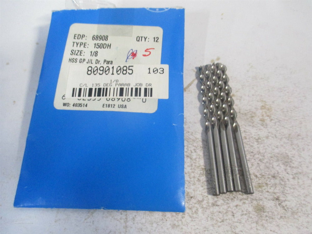 (68908) 1/8" x 1-5/8" x 2-3/4" OAL 135° High Speed Steel Jobber Drill - Qty 5
