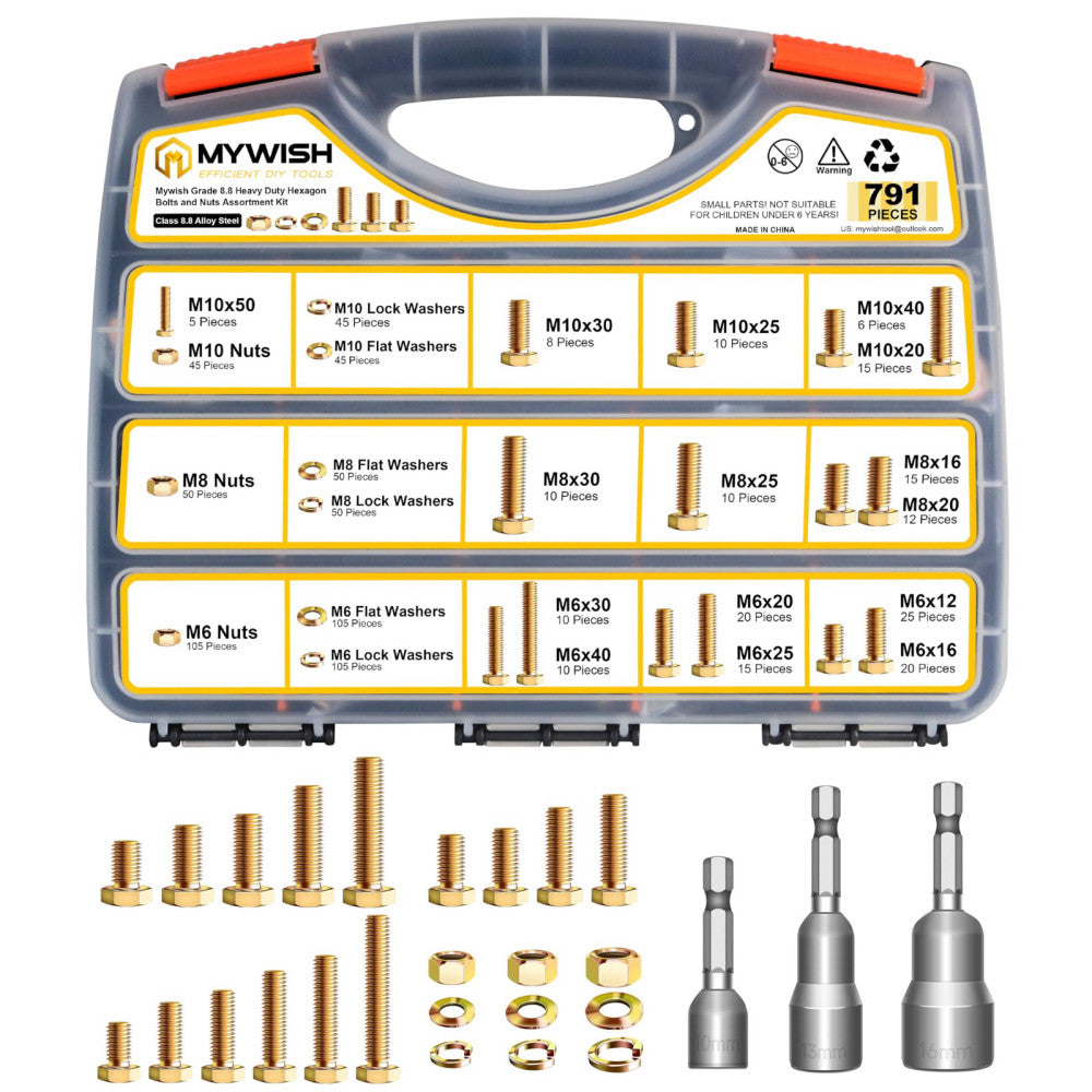 791Pcs 8.8 M6 M8 M10 Metric Bolt Assortment, M6x1.0 Bolt, M8x1.25 Bolt, M10x1...