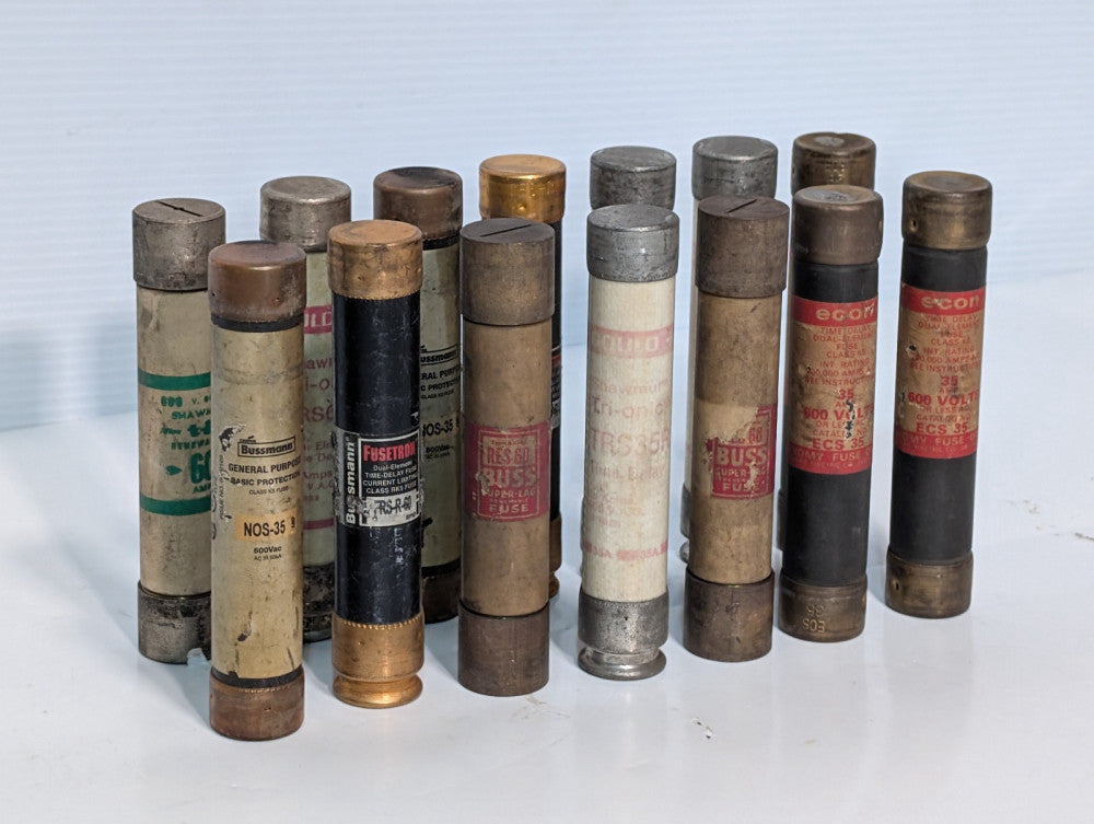Lot of 14: Asstd Fuses, Fusetron FRS-R-50, Bussmann NOS-35, Gould Shawmut, More