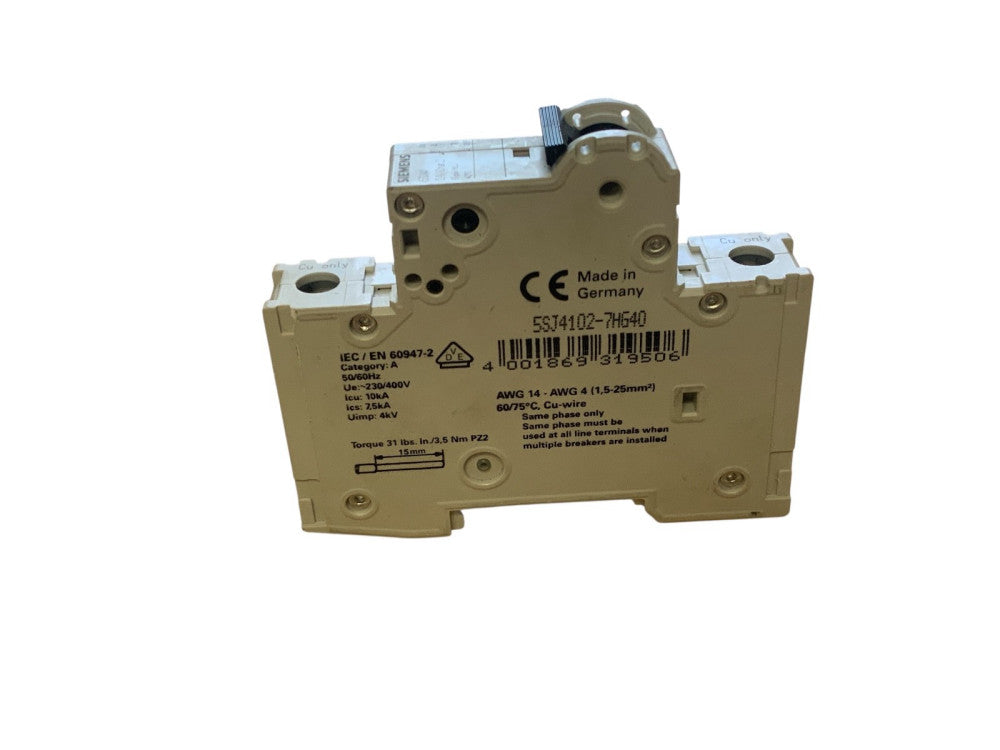 Siemens Miniature Circuit Breaker 2 A, 1 Pole, 5SJ4102-7HG40, New
