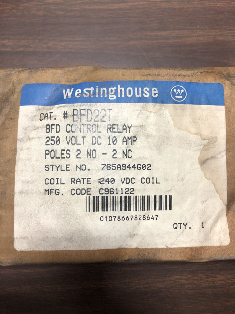 Westinghouse BFD22T BFD Control Relay 300VDC 10amp 2N0-NC Poles 240 VDC Coil NEW