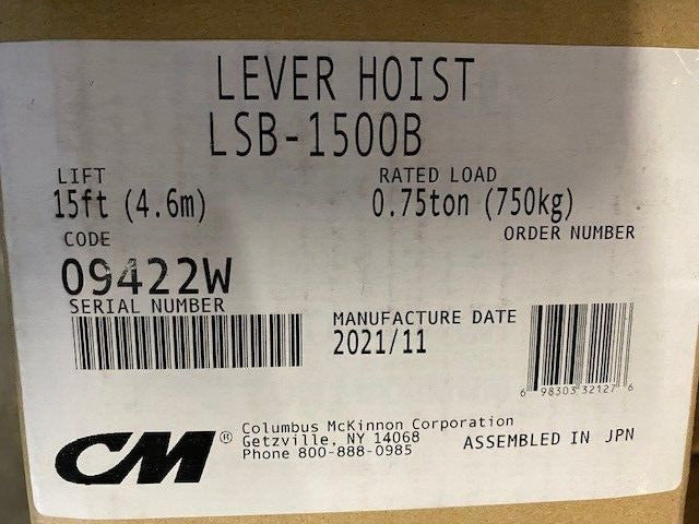 Columbus McKinnon Lever Hoist 15' Lift, 3/4 Ton LSB-1500B (NEW)