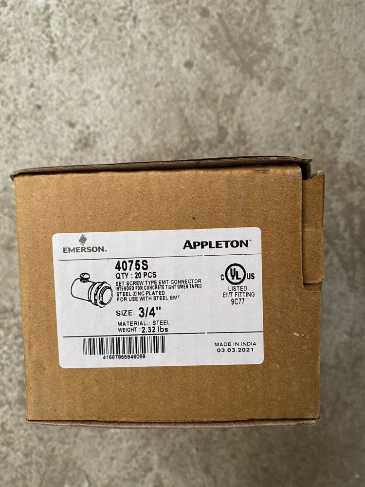 NEW LOT OF 100 APPLETON 4075S - ¾" SET SCREW EMT STEEL ZINC PLATED CONNECTOR