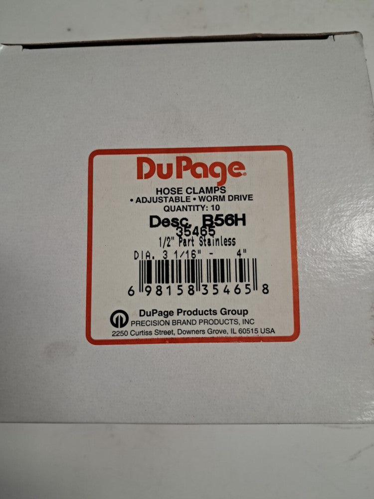Dupage~ B56H Hose Clamp Dia: 3-1/16"- 4" w/1/2" Band, 10psc. 35465, USA
