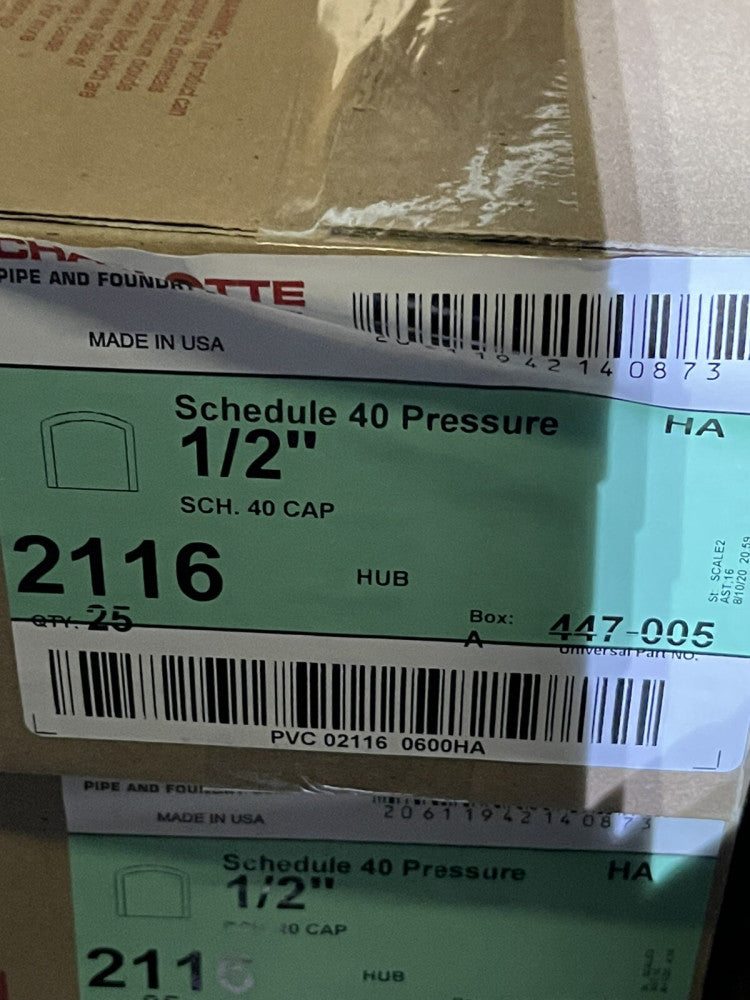 CHARLOTTE SCHEDULE 40 PRESSURE 1/2" CAP, 2116, 447-005 (25 PC LOT)
