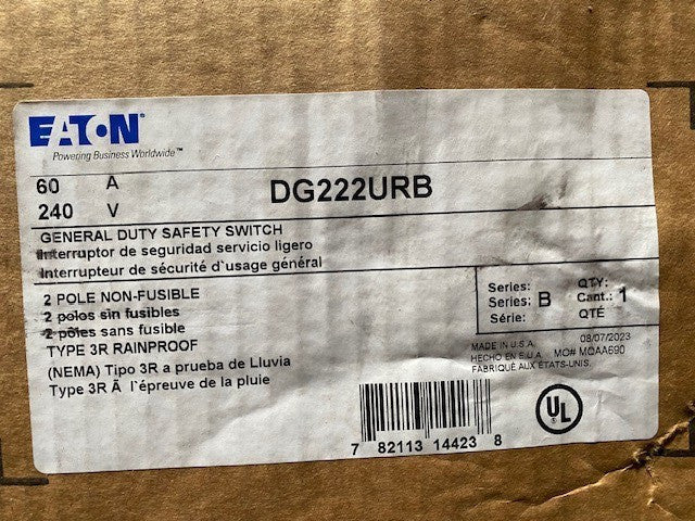 EATON 60 AMP NON-FUSIBLE SAFETY SWITCH 2 POLE 240 VAC 3R DG222URB