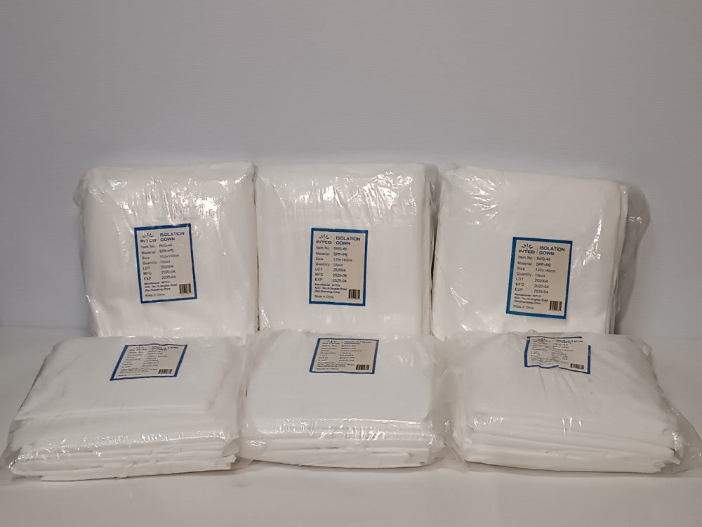 Lot of 60: Intco INIG-45 SPP + PE Isolation Gowns, Exp. 2025, 120x1400cm