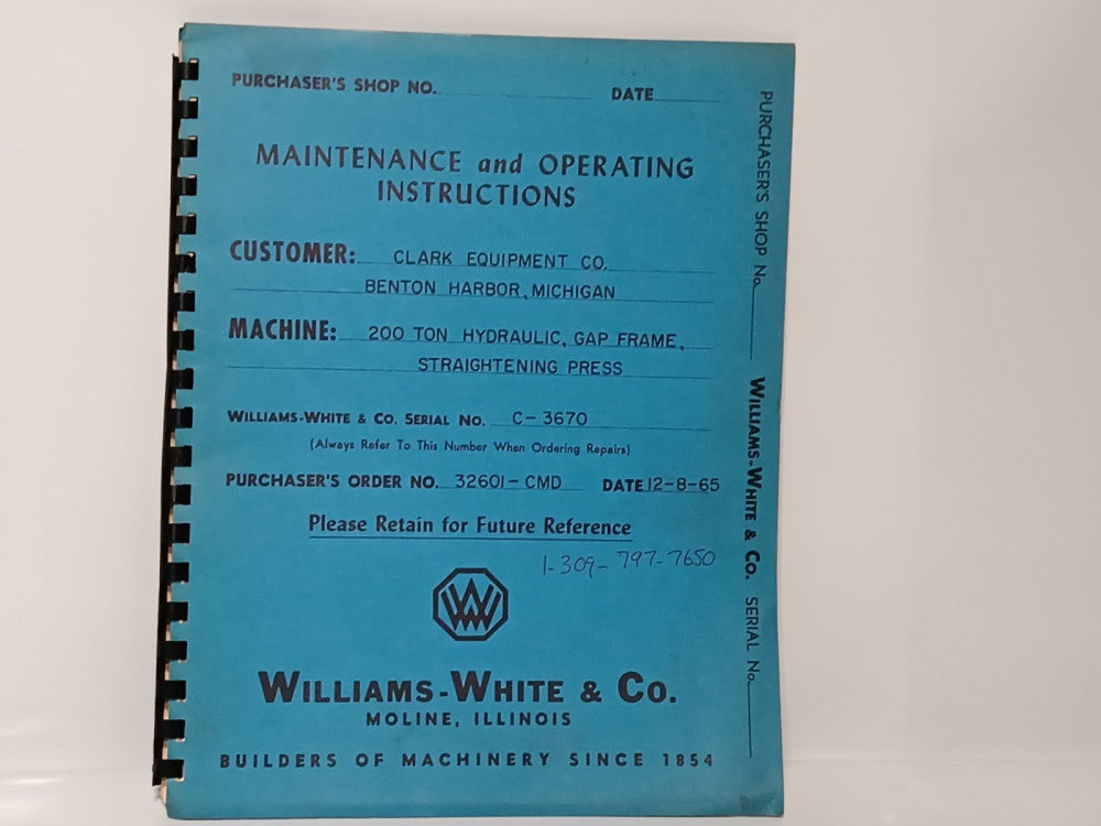 Williams-White & Co C-3670 Press Maintenance and Operating Instructions