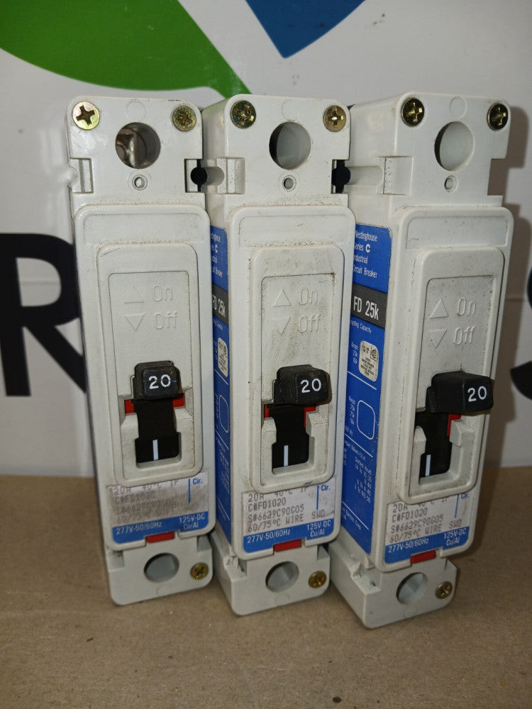 3) NEW WESTINGHOUSE FD1020 20 AMP CIRCUIT BREAKER SINGLE POLE 277 VAC 25K