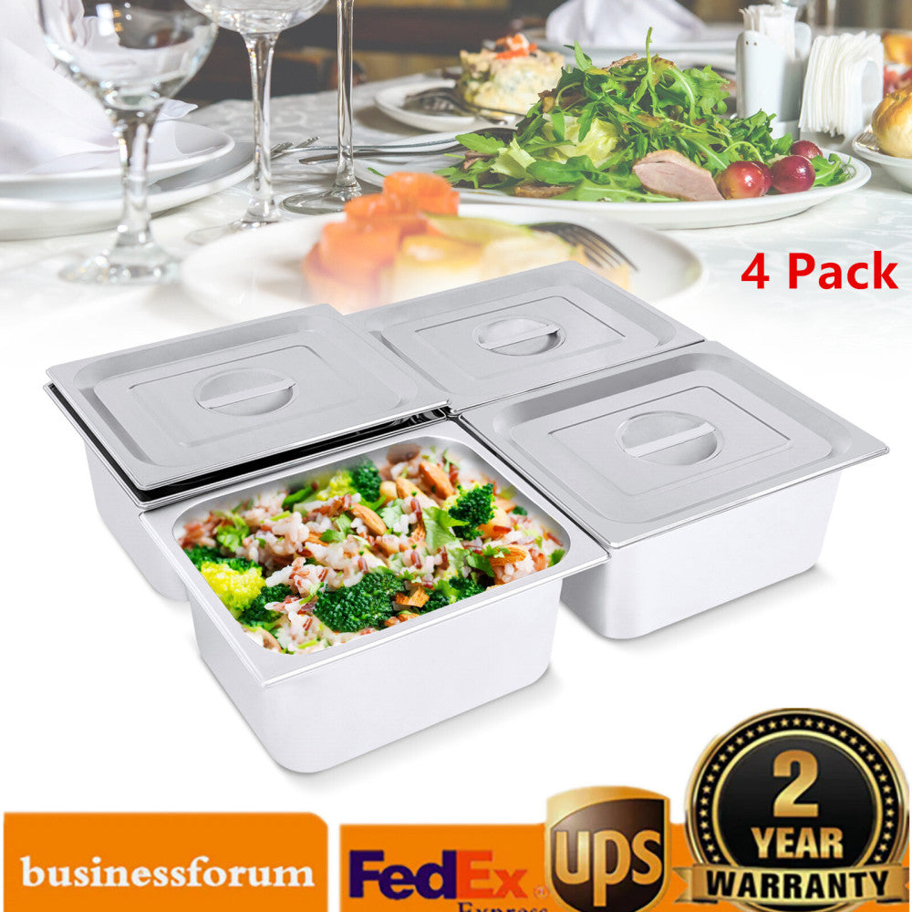 4 Pack 6"Deep 1/2 Size Steam Table Pans with Lids Hotel Food Pan Stainless Steel