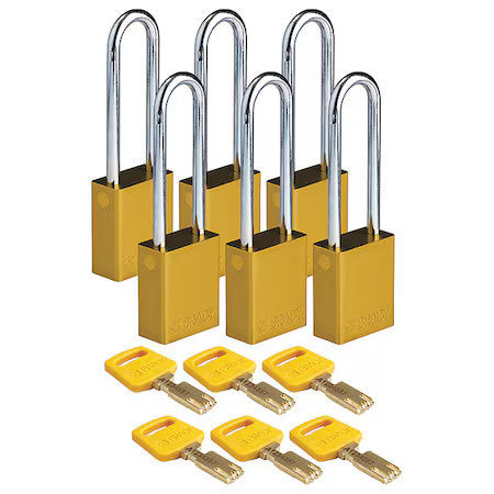 Brady Alu-Ylw-76St-Kd6pk Lockout Padlock,Yellow,1-1/2" W Body,Pk6