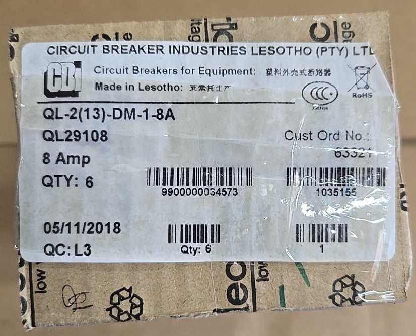 1) CBI Box of 6 QL29108 2 POLE 8 AMP Circuit Breaker