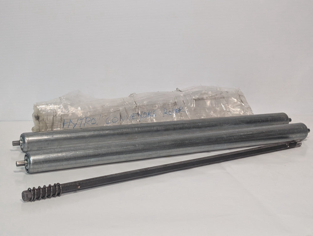 Lot of 2 FRANTZ conveyor rollers 30.75in, 7/16in hex shafts, steel, Hytrol