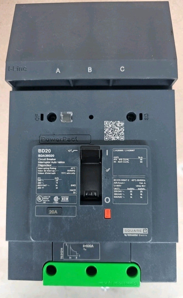SQUARE D NTO BDA36020 20 Amp 3 Pole PowerPacT I-LINE Circuit Breaker