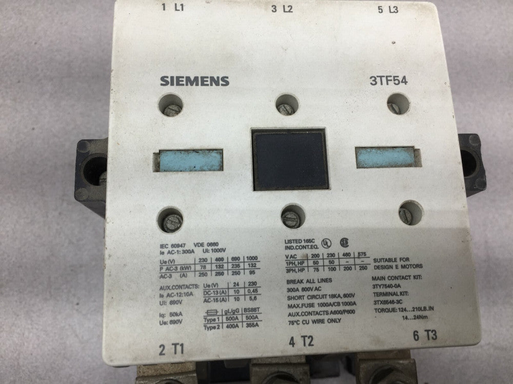 USED SIEMENS 600VAC 3POLE 250AMP STARTER 3TF54 / 3UA6600-3B