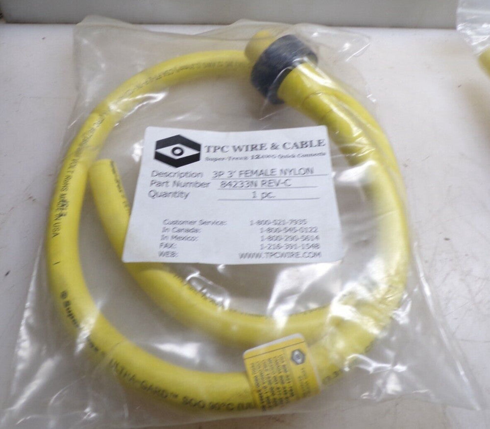NEW TPC WIRE & CABLE 84233N FEMALE PLUG 3 PIN 3 FT 600V 12 AWG