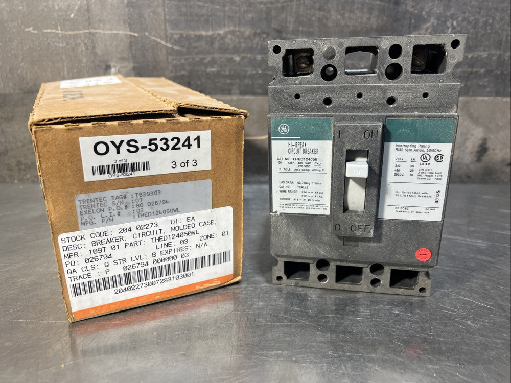 THED124050WL GENERAL ELECTRIC CIRCUIT BREAKER 2 POLE 50 AMP 277 VAC Nos