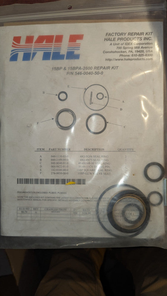 (1) Hale 546-0040-50-0 Repair Kit for 15BP & 15BPA-2500 NIB