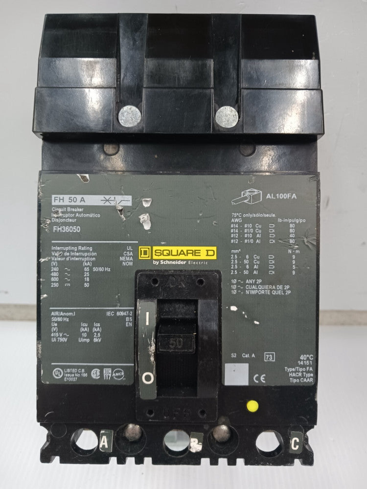 Square D 50 Amp I-Line Circuit Breaker 3 Pole 600 VAC / 250 VDC FH36050 (Flaw)