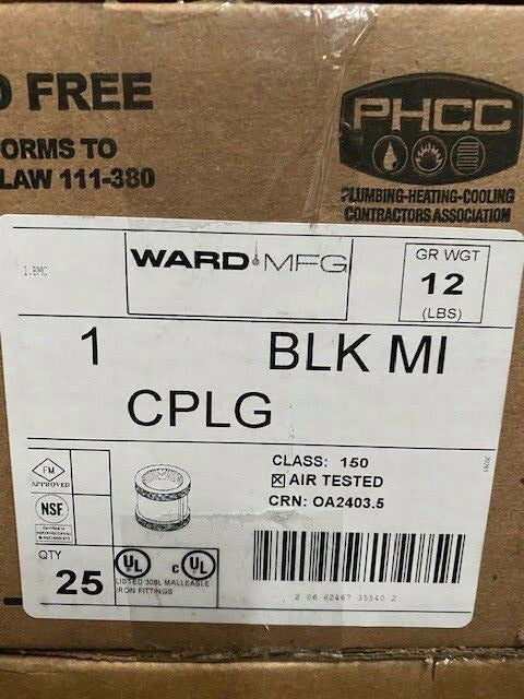 (Box of 25) Ward 1" CPLG BLK MI Pipe Fitting (NEW)