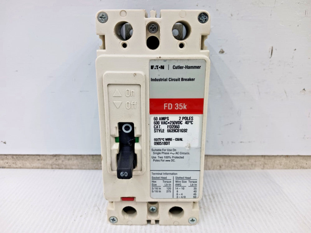 Eaton 60 Amp Industrial Circuit Breaker 2 Pole 600 VAC / 250 VDC 35kA FD2060