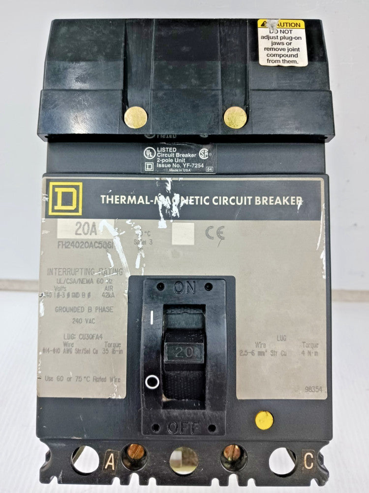 Square D 20 Amp I-Line Circuit Breaker 2 Pole 240 VAC 42kA FH24020AC5861