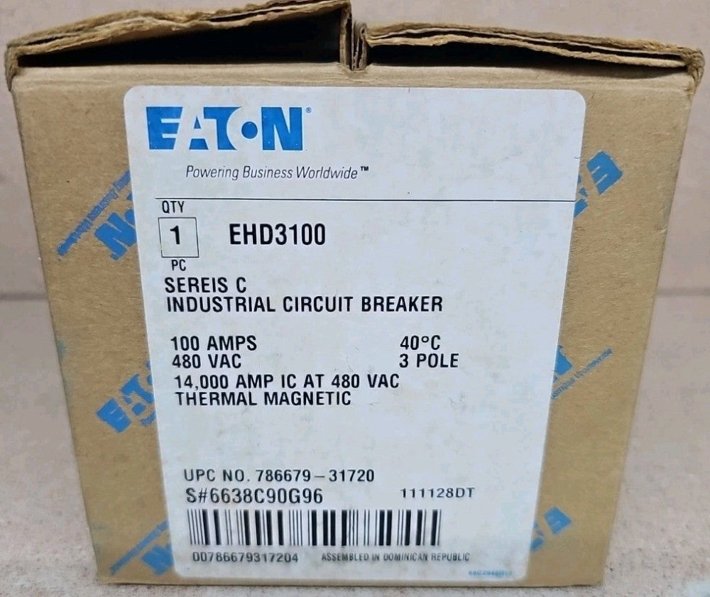 New Eaton EHD3100 Circuit Breaker EHD 3 Pole 100 Amp 480 VAC 250 VDC 14K