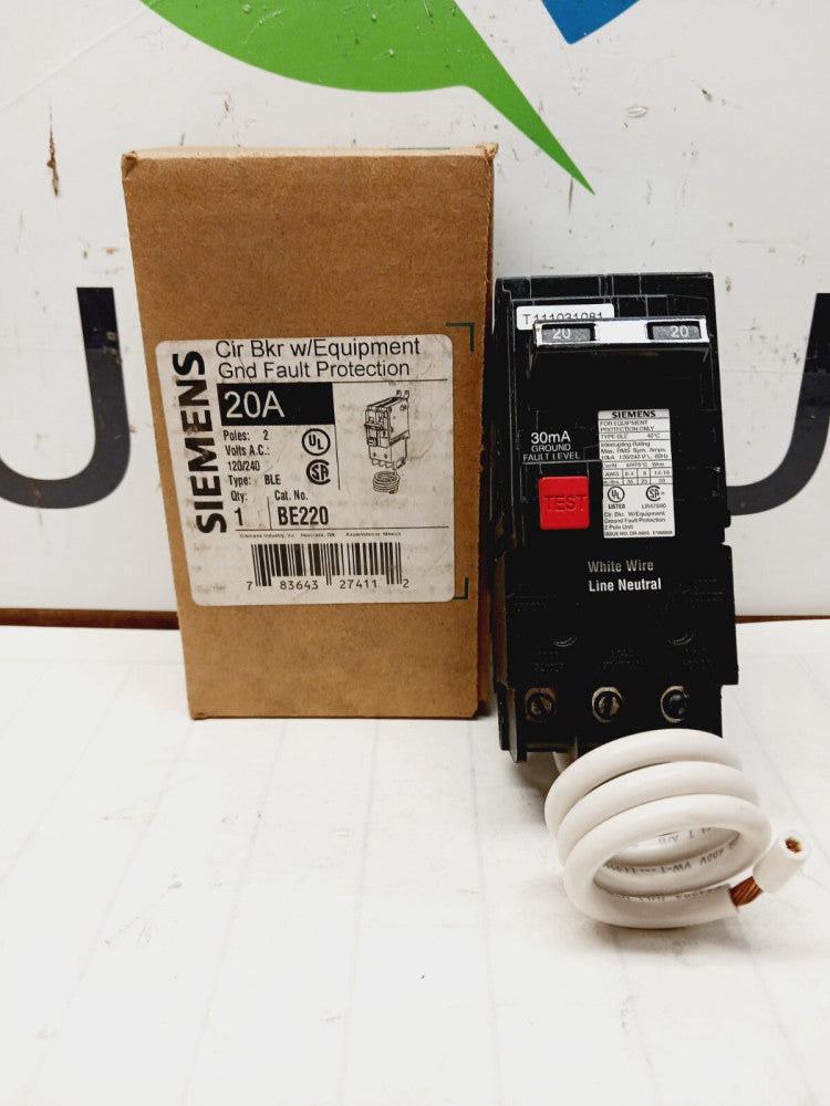 NEW SIEMENS BE220 20 AMP GROUND FAULT CIRCUIT BREAKER BOLT-ON 2 POLE 120/240 VAC